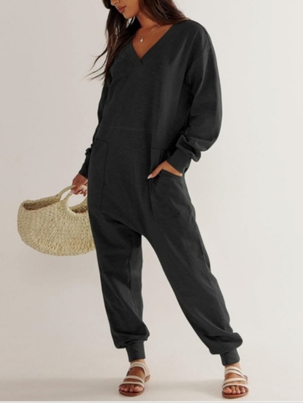 Anrabess Navy V-Neck Jumpsuit with Front Pockets Size Small